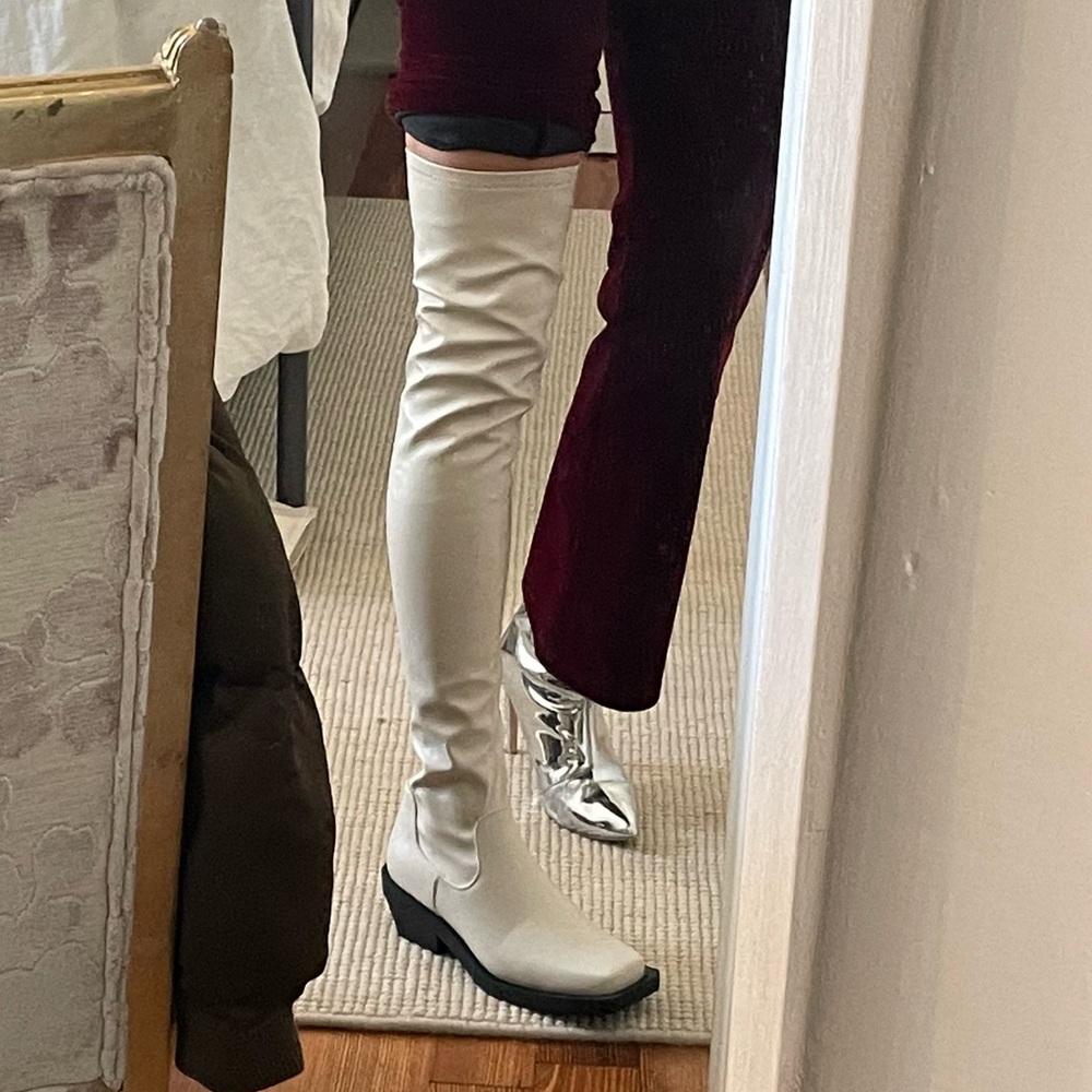 Faux leather over the knee thigh high western cream ecru boots